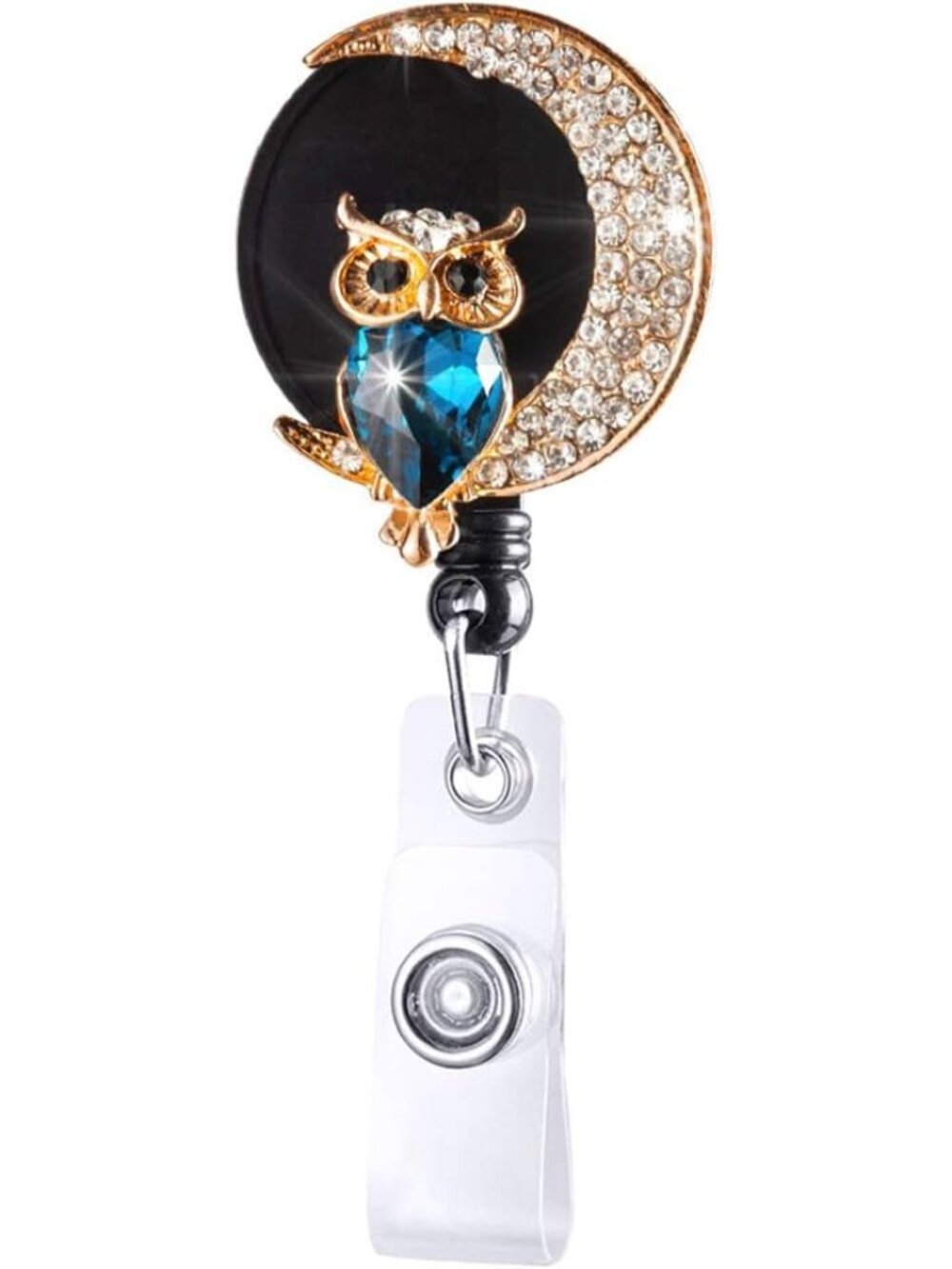 Crystal Badge Reel Retractable ID Holder with Cute Owl Moon Bling Design
